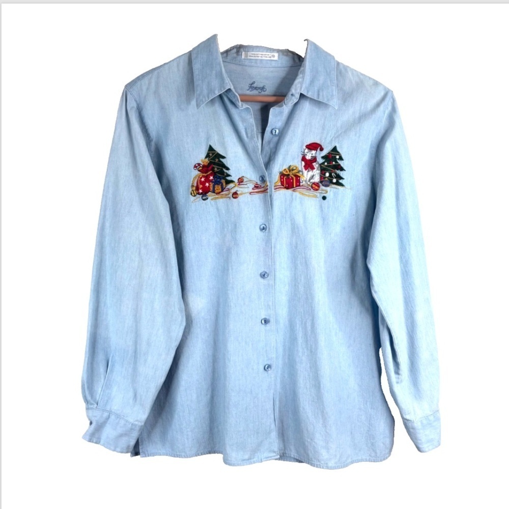 VTG 90s Embroidered Denim Christmas Cat Shirt 12 Holiday Festive Button Down